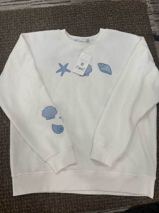 Altar'd State Sweaters - Altar'd State White Crewneck Sweater with Light Blue Seashell Motif